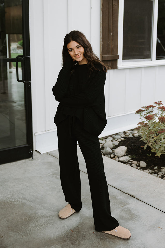 Waffle Textured Sweater & Pant Set - Black