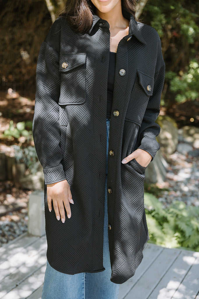 Textured Button Down Jacket - Black