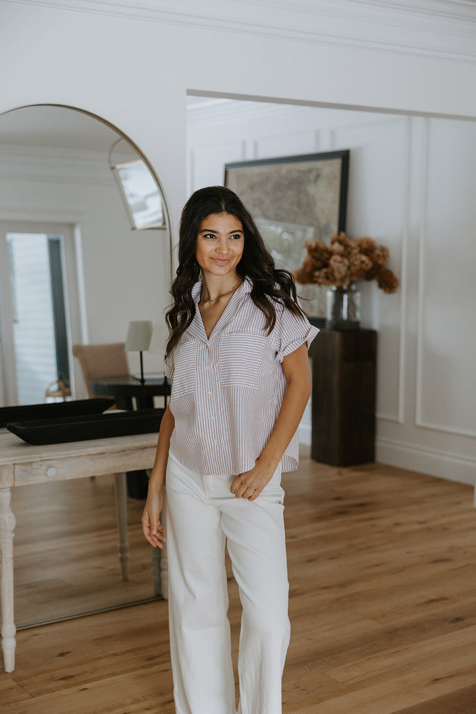 Striped Short Sleeve W/ Pocket - Taupe