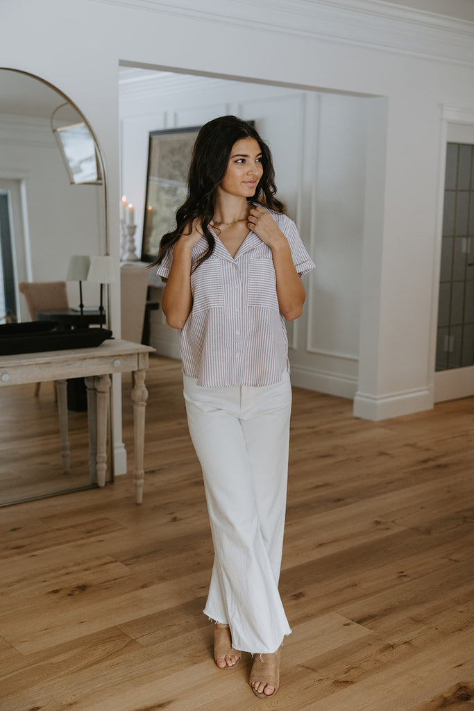 Striped Short Sleeve W/ Pocket - Taupe