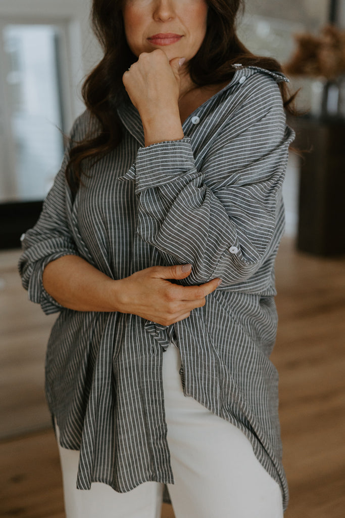 Striped Lightweight Oversized Button Up (Blk/Wht)