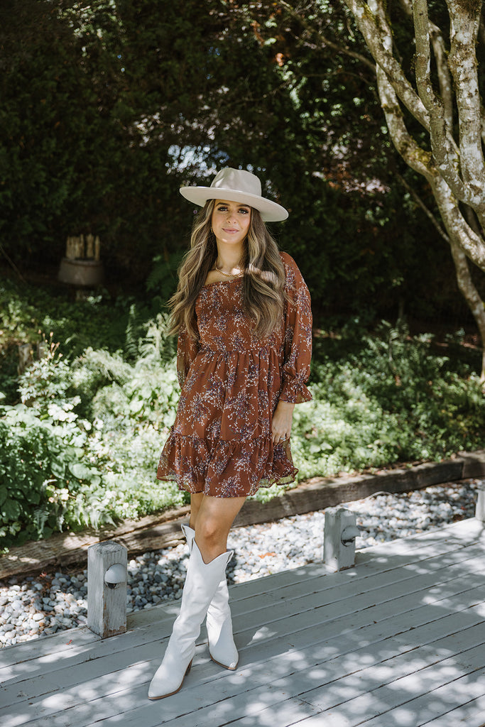 Floral Dress with Smocking - Brown