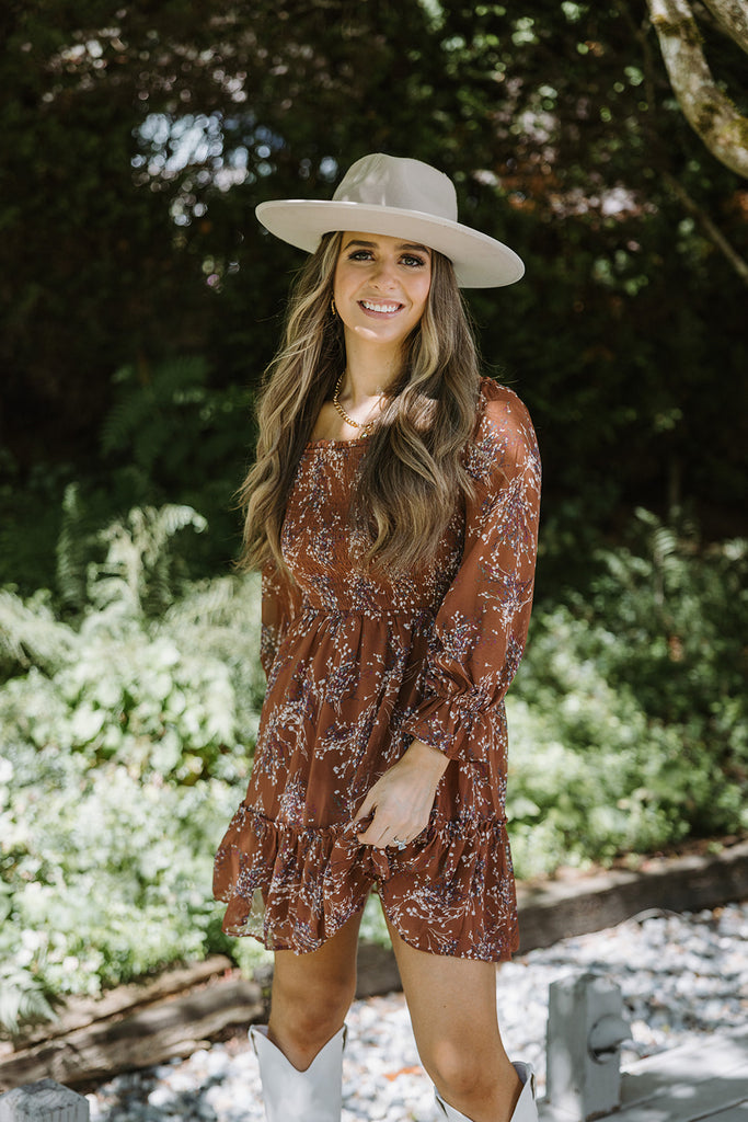 Floral Dress with Smocking - Brown