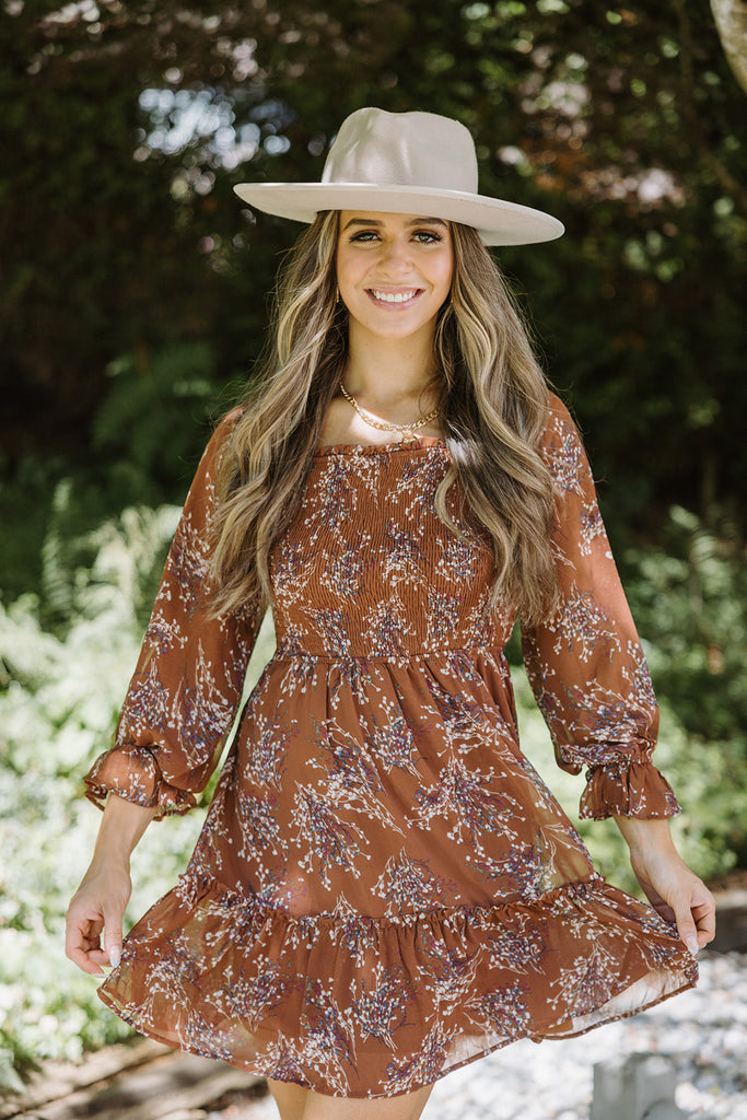 Floral Dress with Smocking - Brown