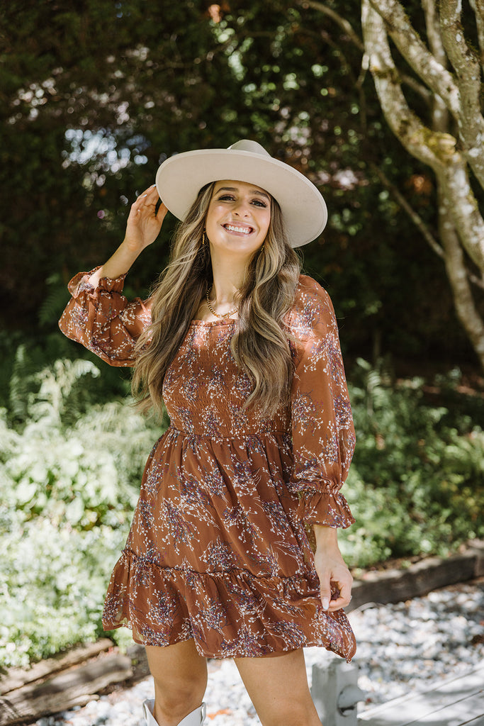 Floral Dress with Smocking - Brown