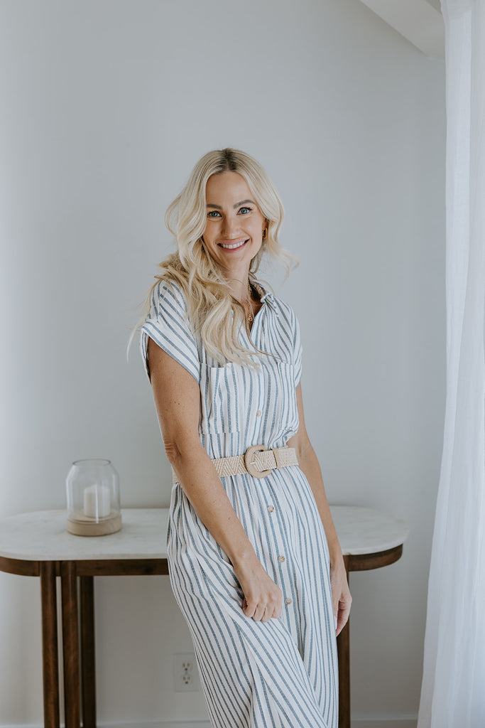 Button Down Striped Dress with Belt - Blue