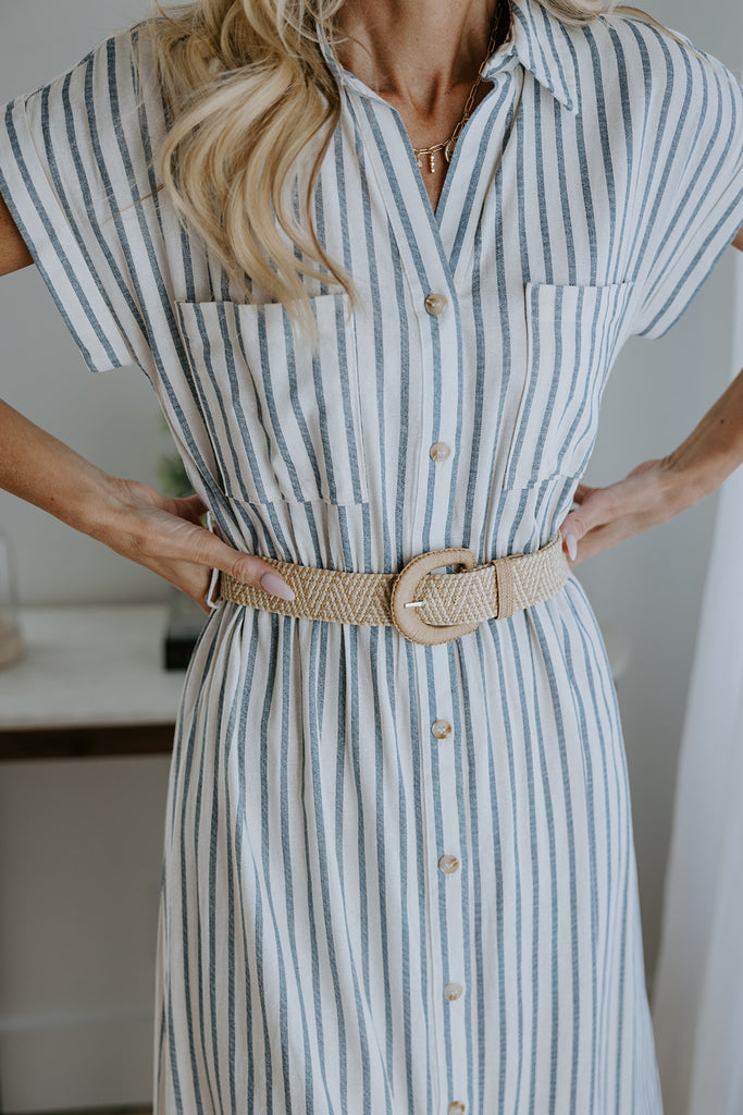 Button Down Striped Dress with Belt - Blue