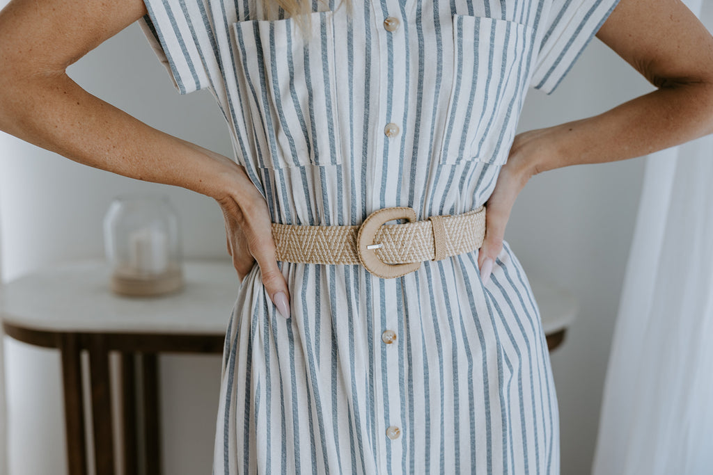 Button Down Striped Dress with Belt - Blue