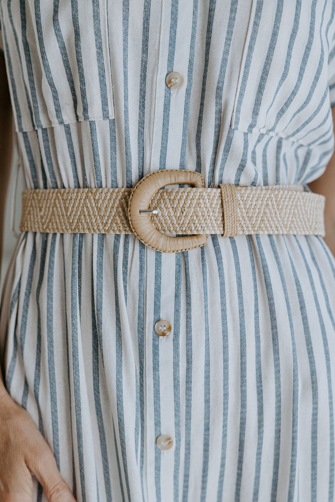 Button Down Striped Dress with Belt - Blue