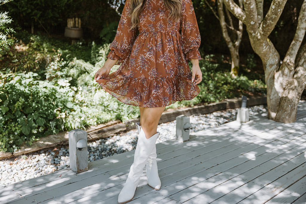 Floral Dress with Smocking - Brown