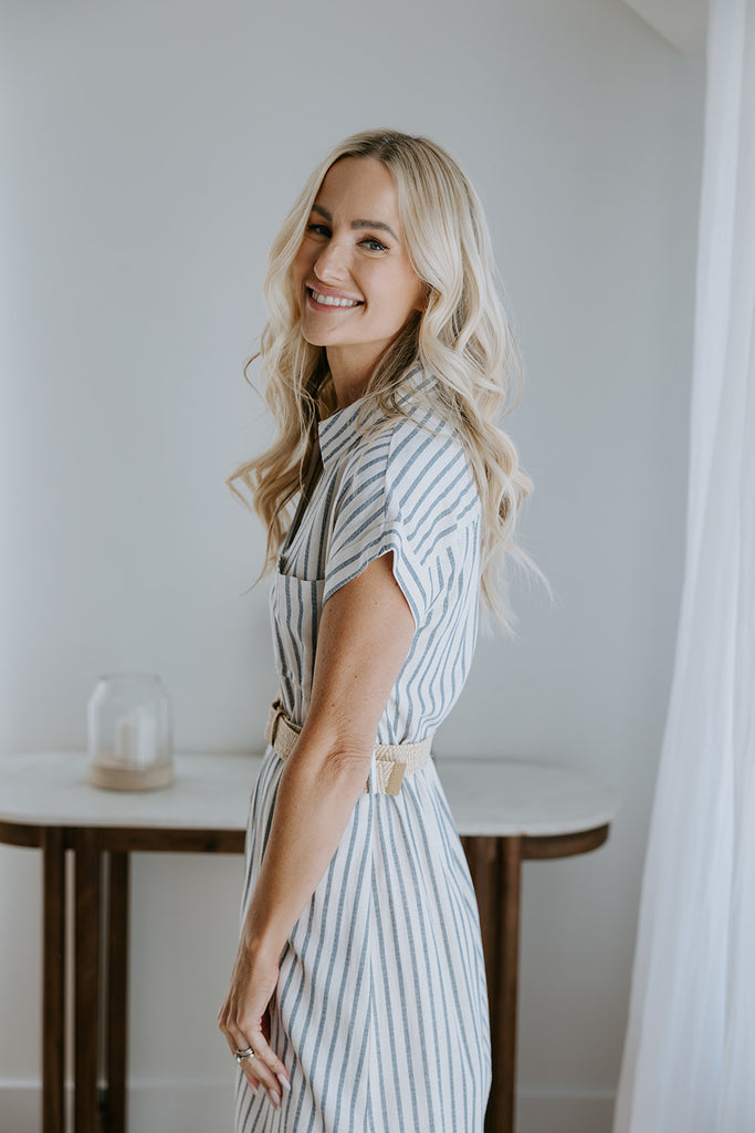 Button Down Striped Dress with Belt - Blue