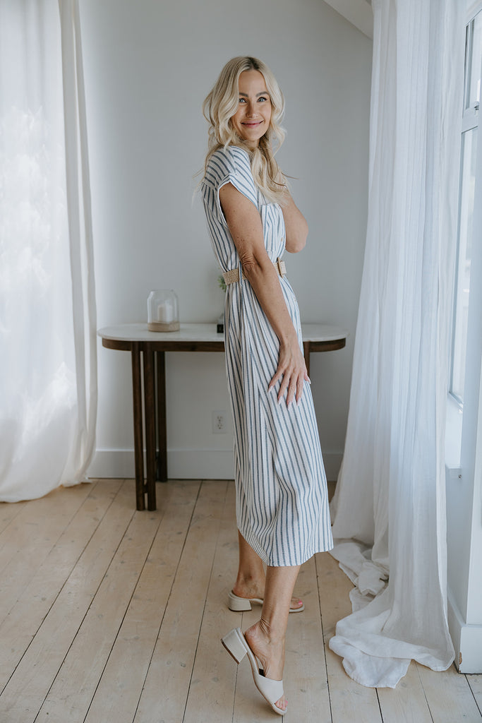 Button Down Striped Dress with Belt - Blue