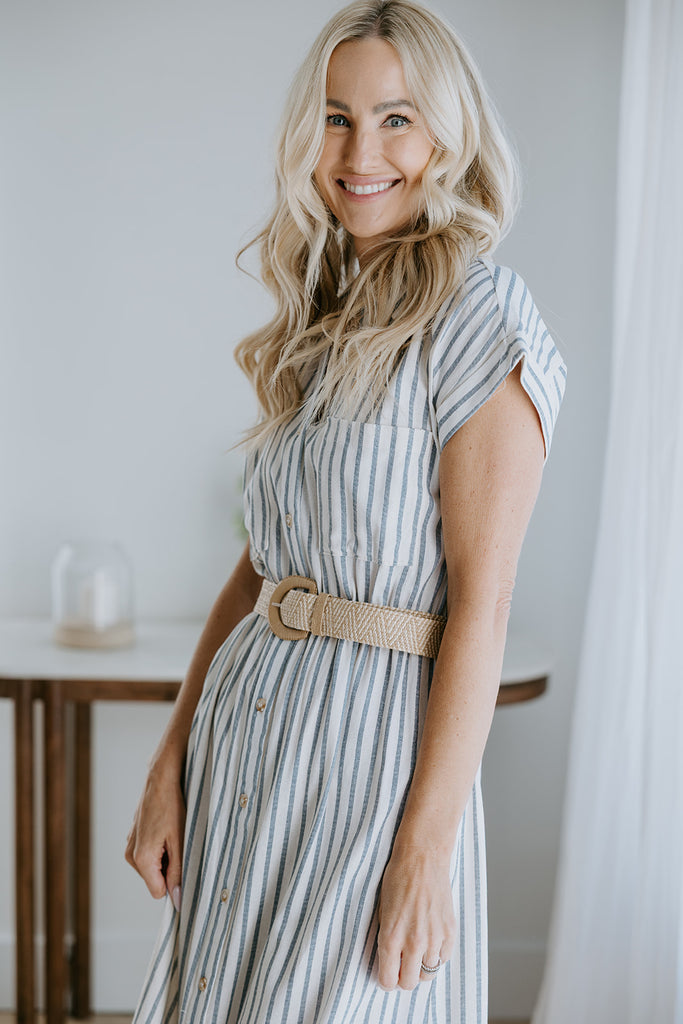 Button Down Striped Dress with Belt - Blue