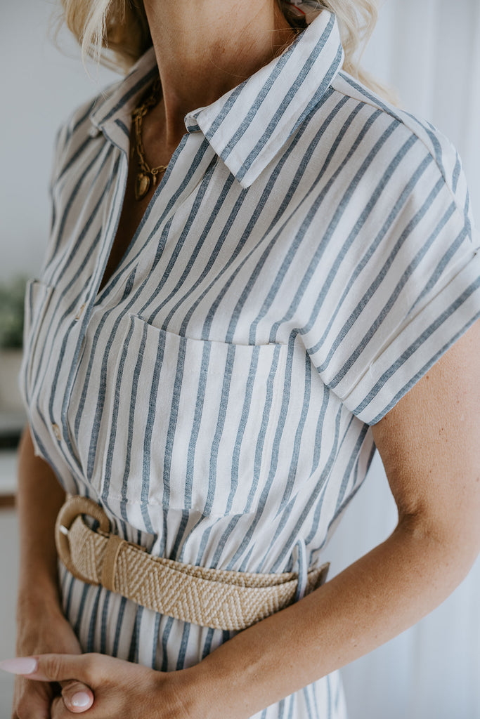 Button Down Striped Dress with Belt - Blue