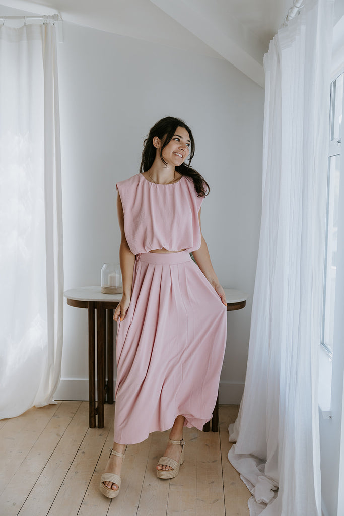 Bubble Top & Midi Skirt Set - Pink