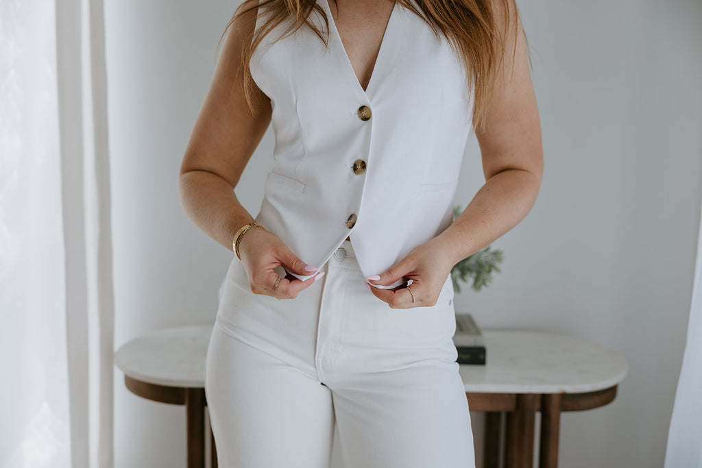 Button Up Vest - Linen - White