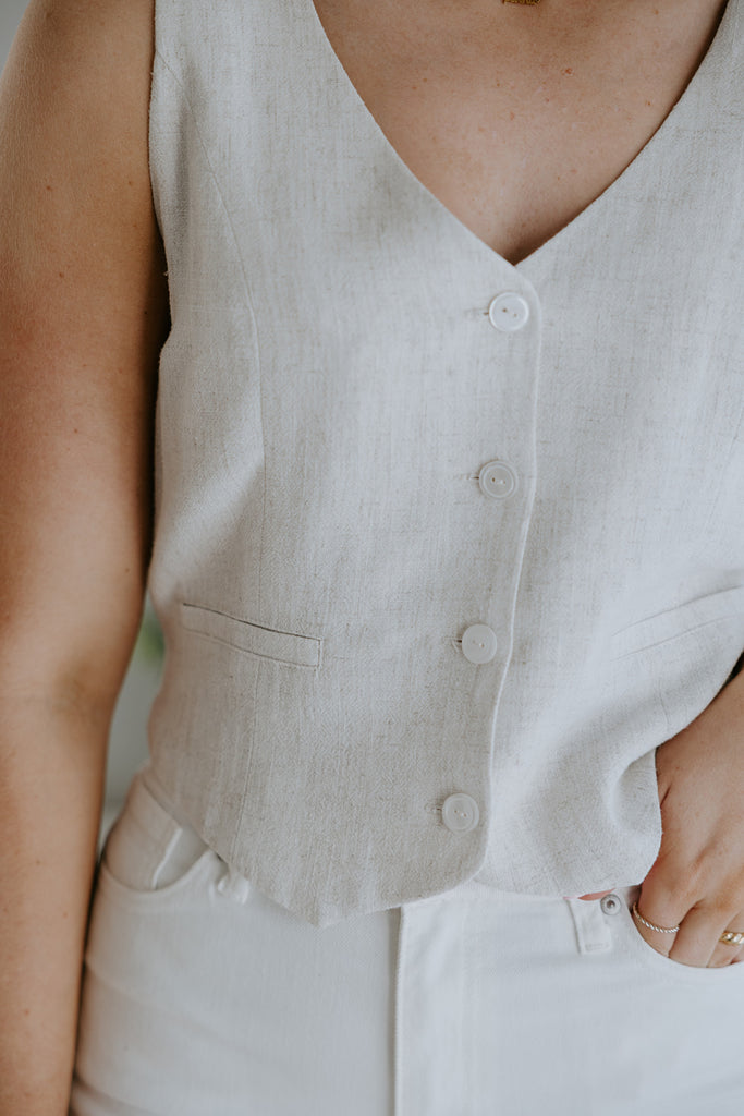 Button Down Linen Vest - Oat