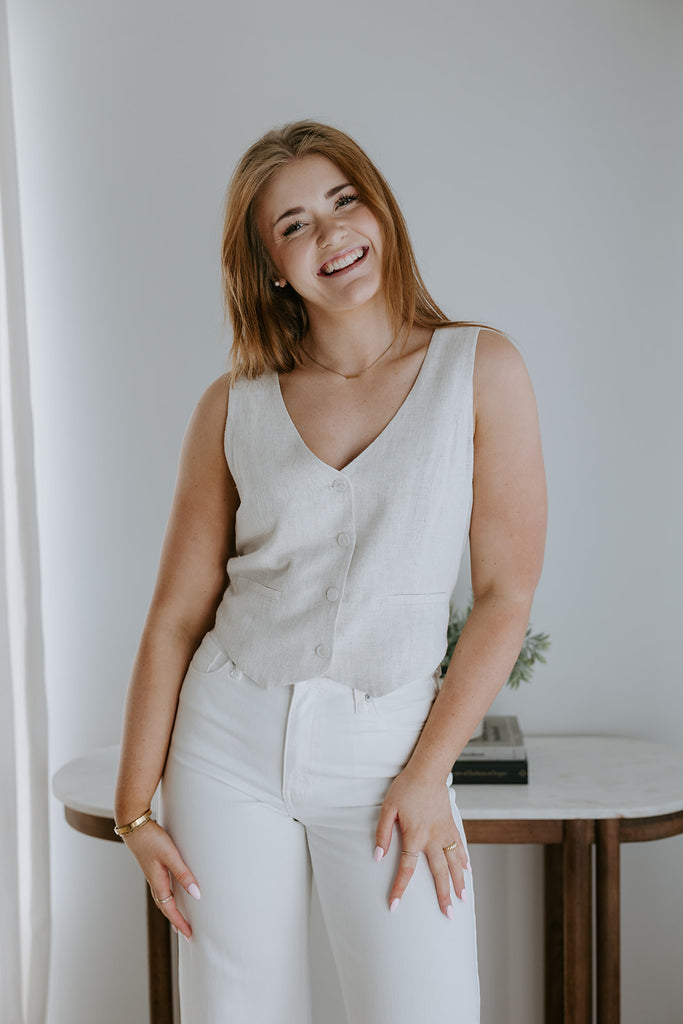 Button Down Linen Vest - Oat