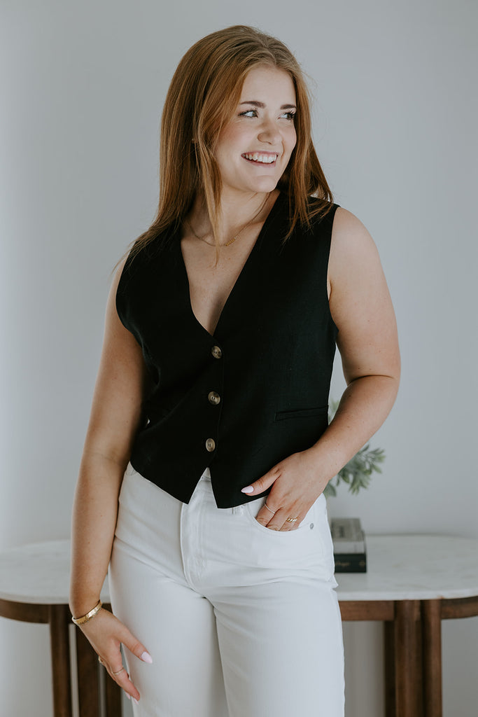 Button Up Vest - Linen Vest - Black