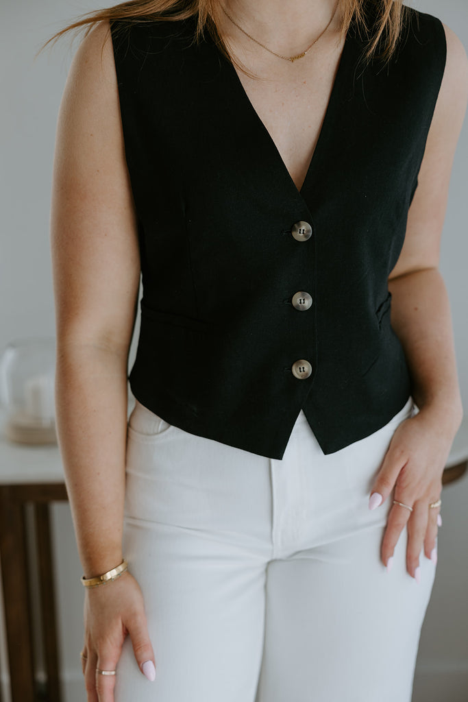 Button Up Vest - Linen Vest - Black
