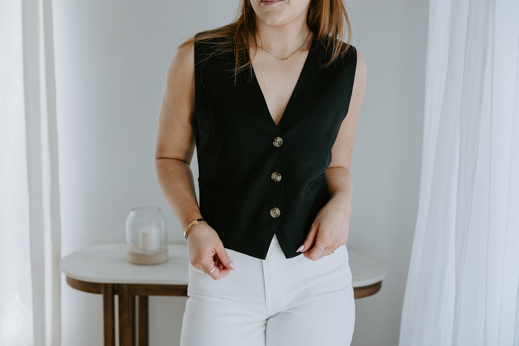 Button Up Vest - Linen Vest - Black