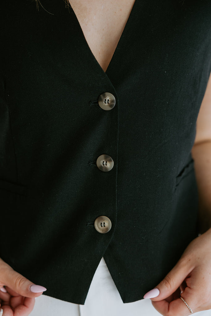 Button Up Vest - Linen Vest - Black