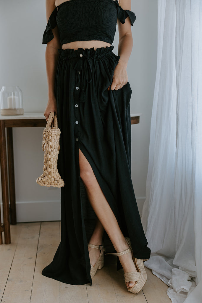Boho Smocked Top & Maxi Skirt Set - Black