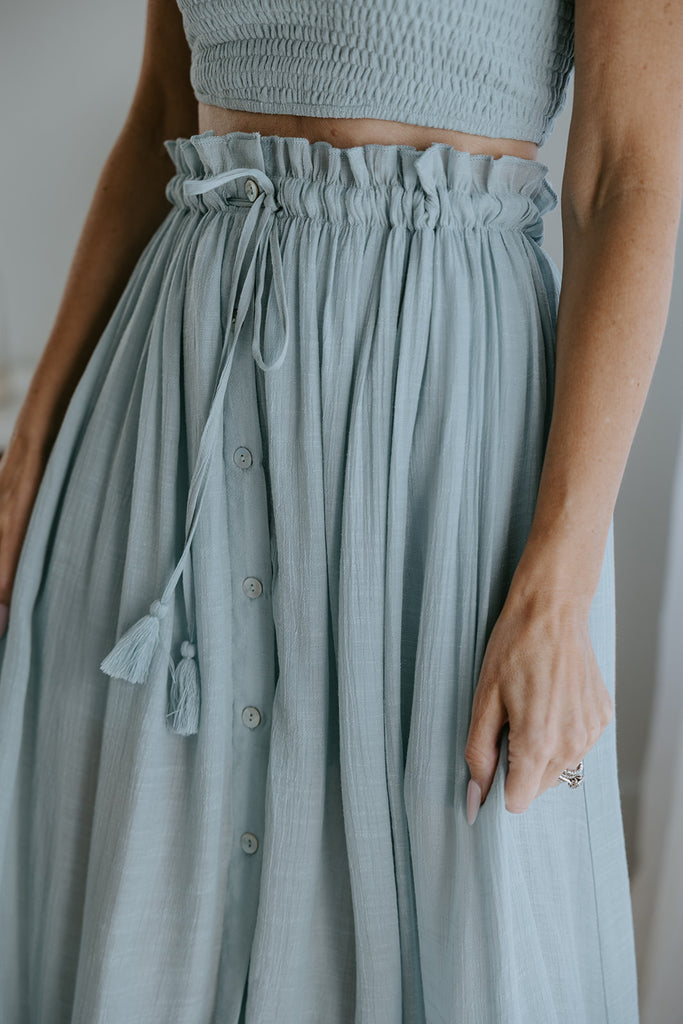 Boho Smocked Top & Midi Skirt Set - Dusty Blue