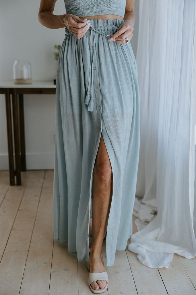 Boho Smocked Top & Midi Skirt Set - Dusty Blue