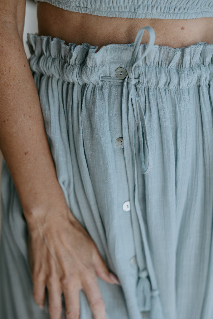 Boho Smocked Top & Midi Skirt Set - Dusty Blue