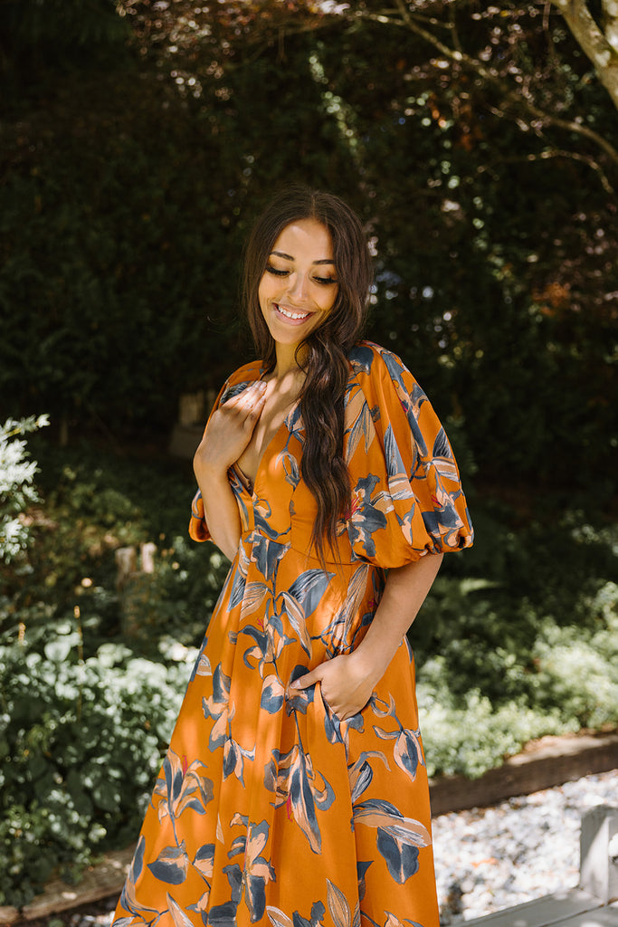 Floral Puff Sleeve Midi - Rust