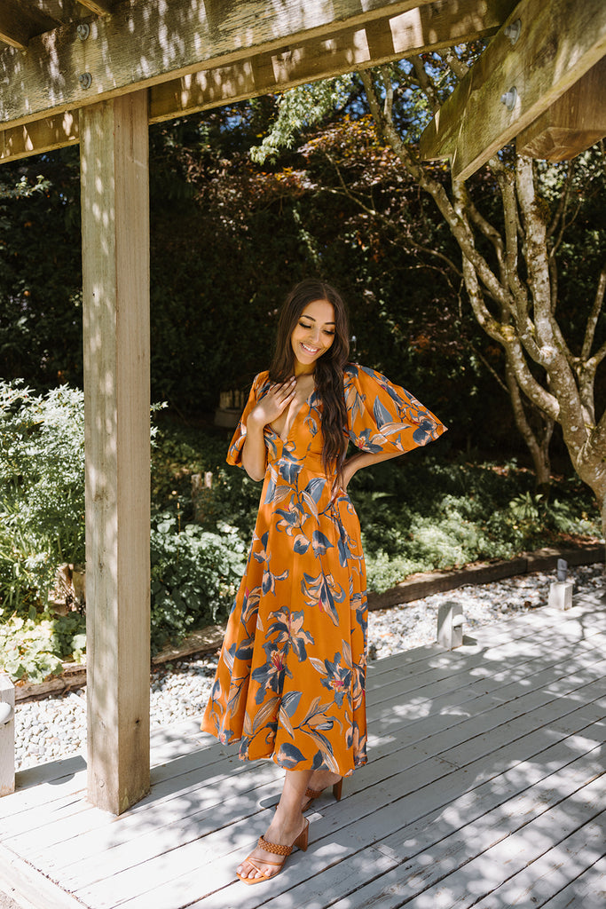 Floral Puff Sleeve Midi - Rust