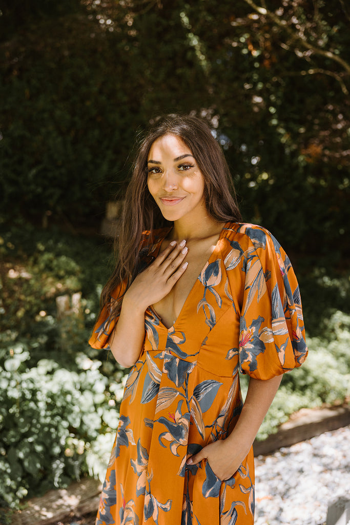 Floral Puff Sleeve Midi - Rust