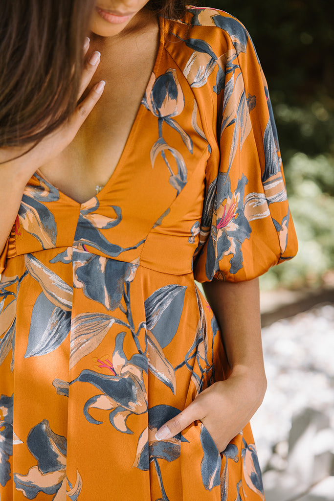 Floral Puff Sleeve Midi - Rust