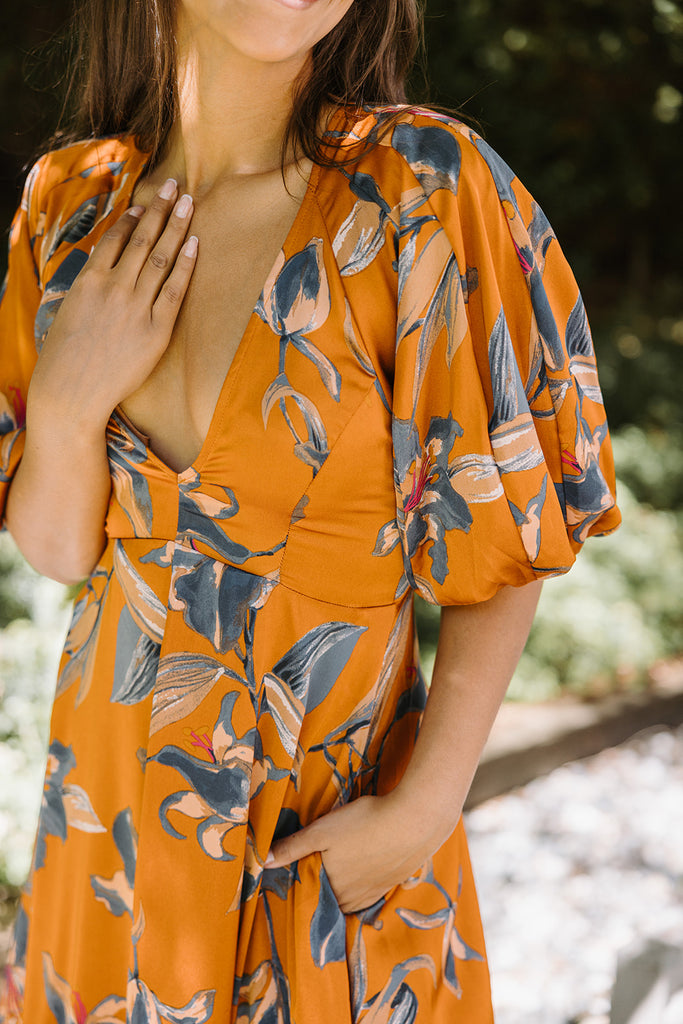 Floral Puff Sleeve Midi - Rust