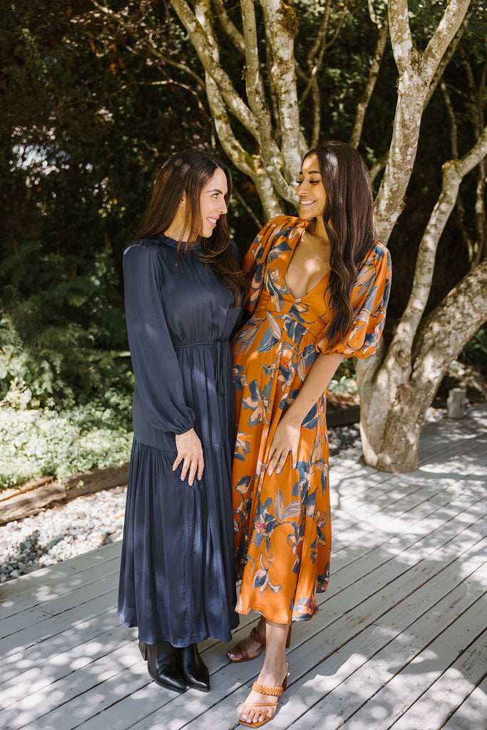 Satin Long Sleeve Midi - Navy