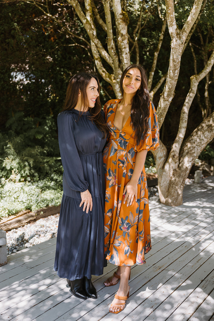 Satin Long Sleeve Midi - Navy