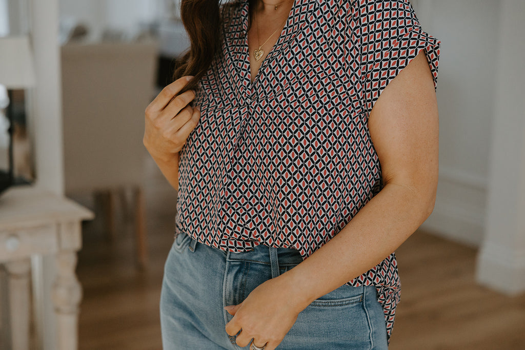 Abstract Pattered Blouse - Red & Navy