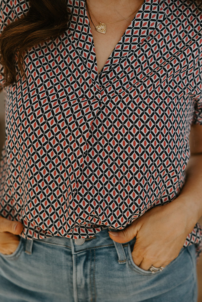 Abstract Pattered Blouse - Red & Navy