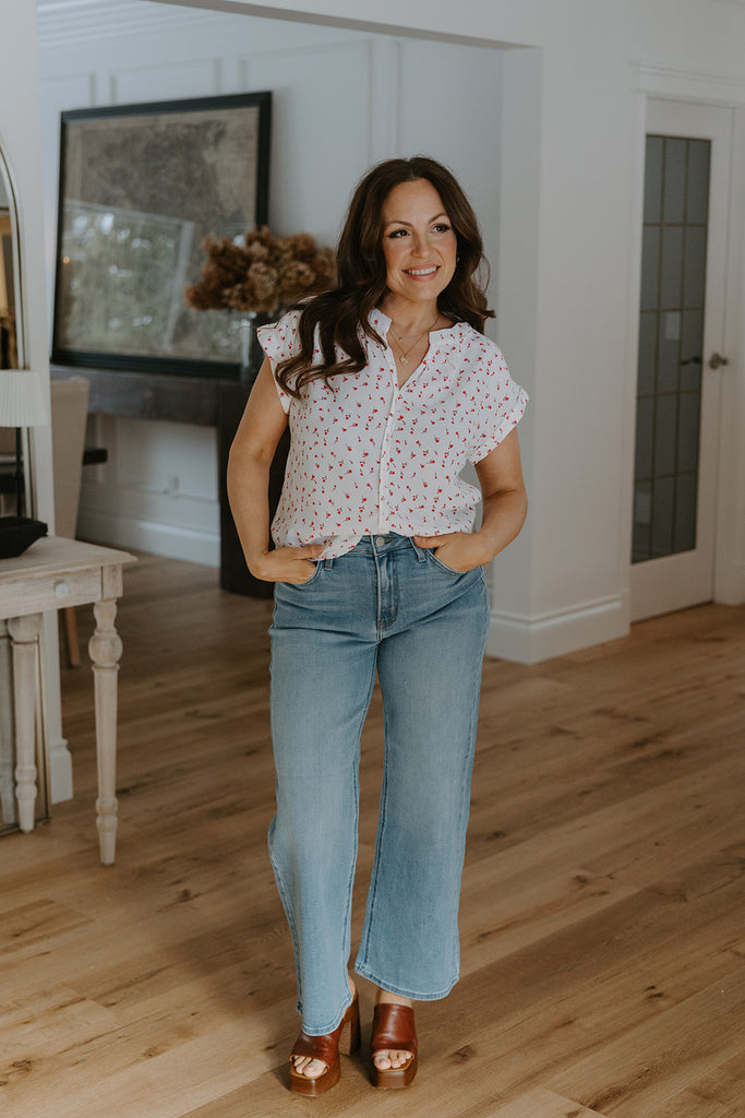 Cap Sleeve Blouse with Red Florals