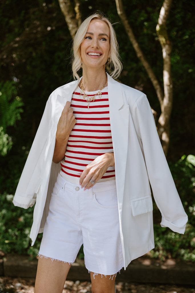 Classic Blazer with Stripe Lining - White