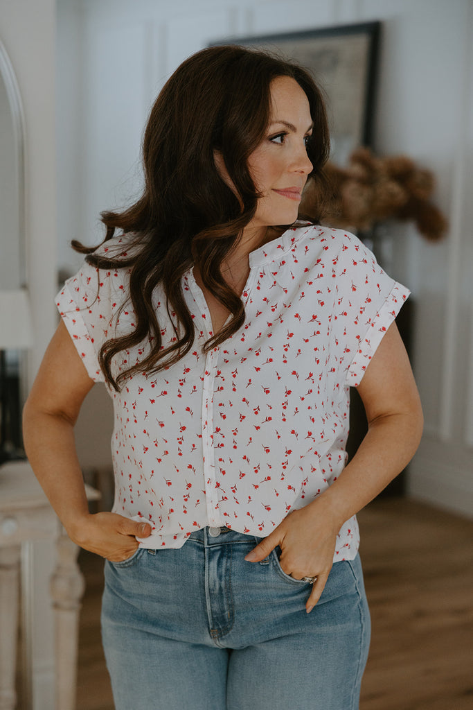 Cap Sleeve Blouse with Red Florals