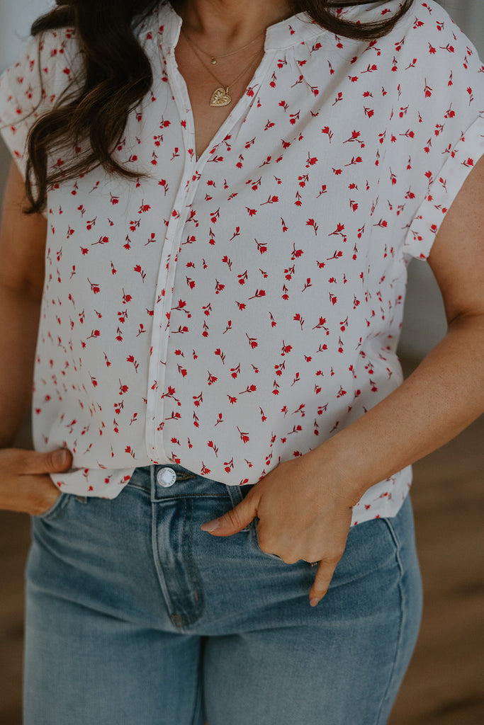 Cap Sleeve Blouse with Red Florals