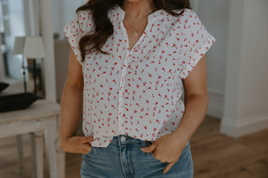 Cap Sleeve Blouse with Red Florals