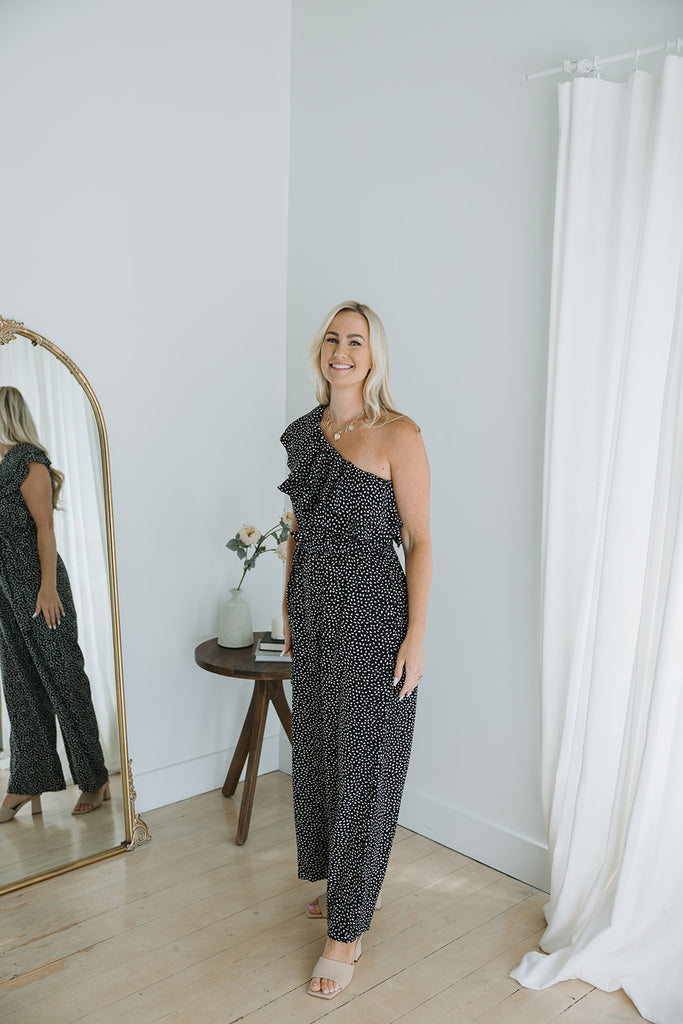 Polka Dot One Shoulder Jumpsuit Black Muse Social Fashion House