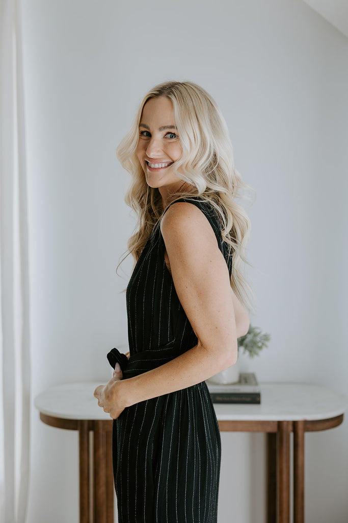 Striped Linen Dress with Smocked Back - Black
