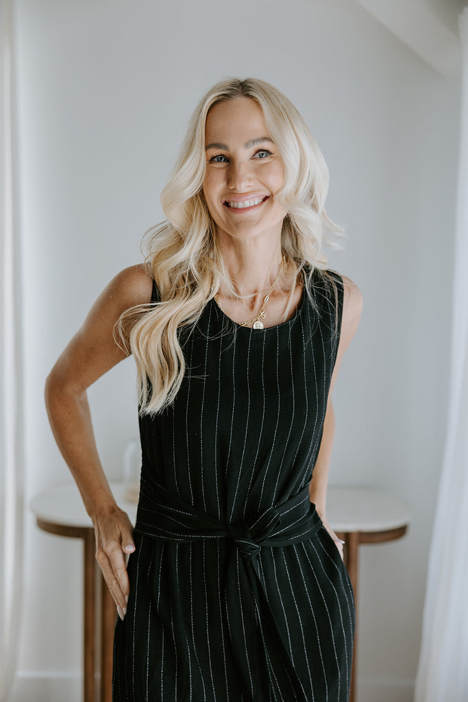 Striped Linen Dress with Smocked Back - Black