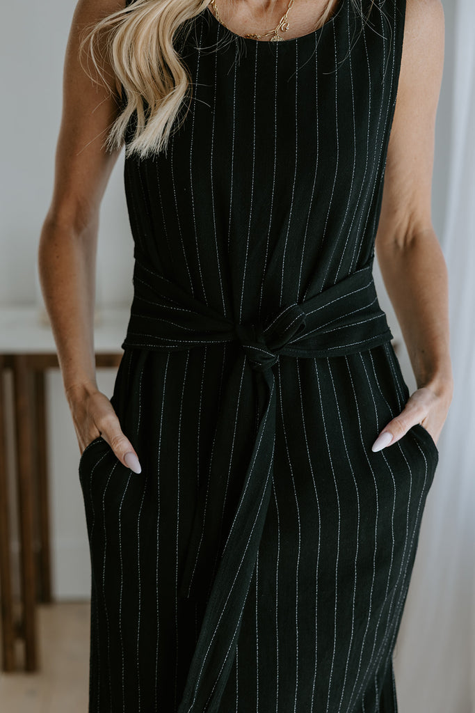Striped Linen Dress with Smocked Back - Black