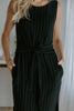 Striped Linen Dress with Smocked Back - Black