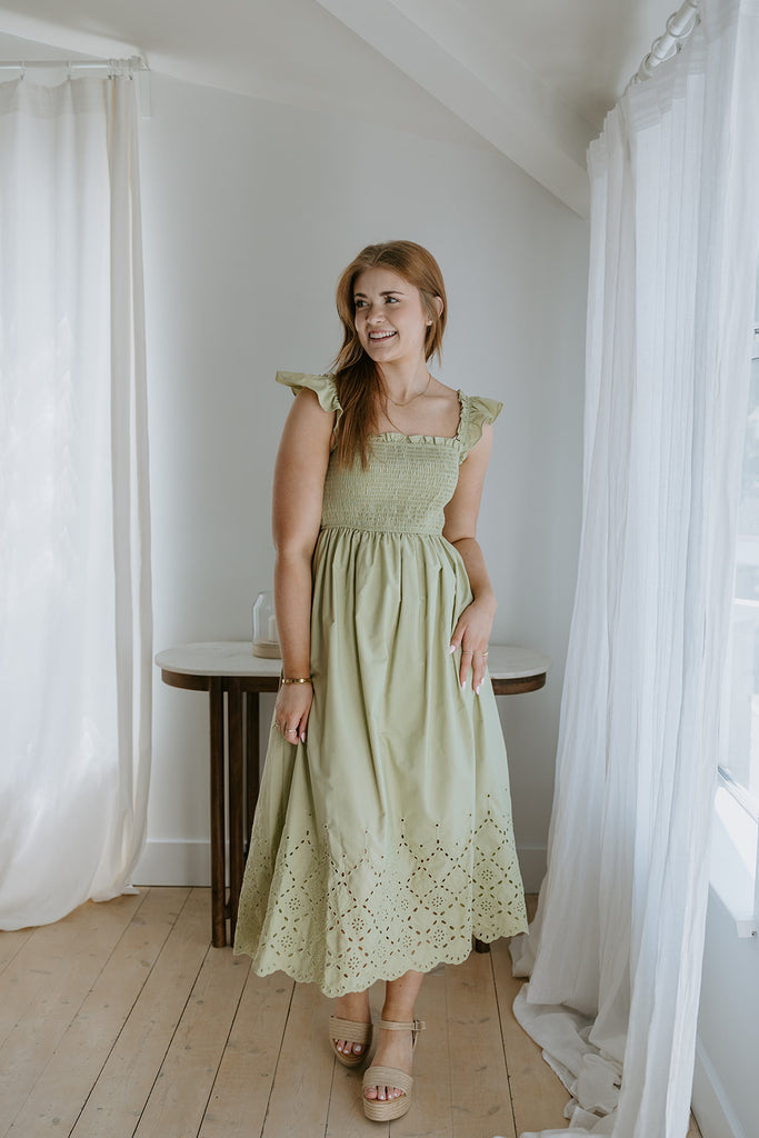 Smocked & Ruffle Midi With Eyelet Details
